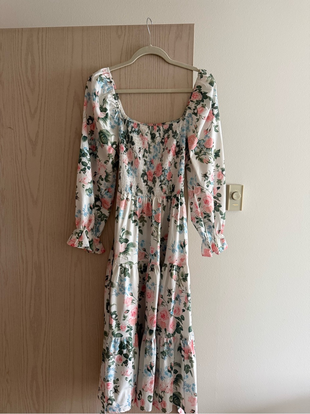 Simplee Apparel Cream Floral Smocked Midi Dress with Pink Roses and Green Leaves